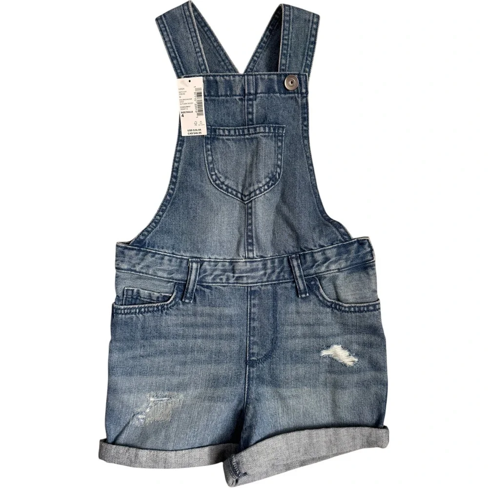 The Children's Place‎ Girls Denim Shortalls Distressed Blue Overalls Size 4 NWT